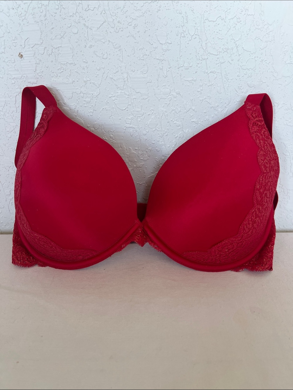 Ambrielle Red Lace-Trim Push-Up Bra